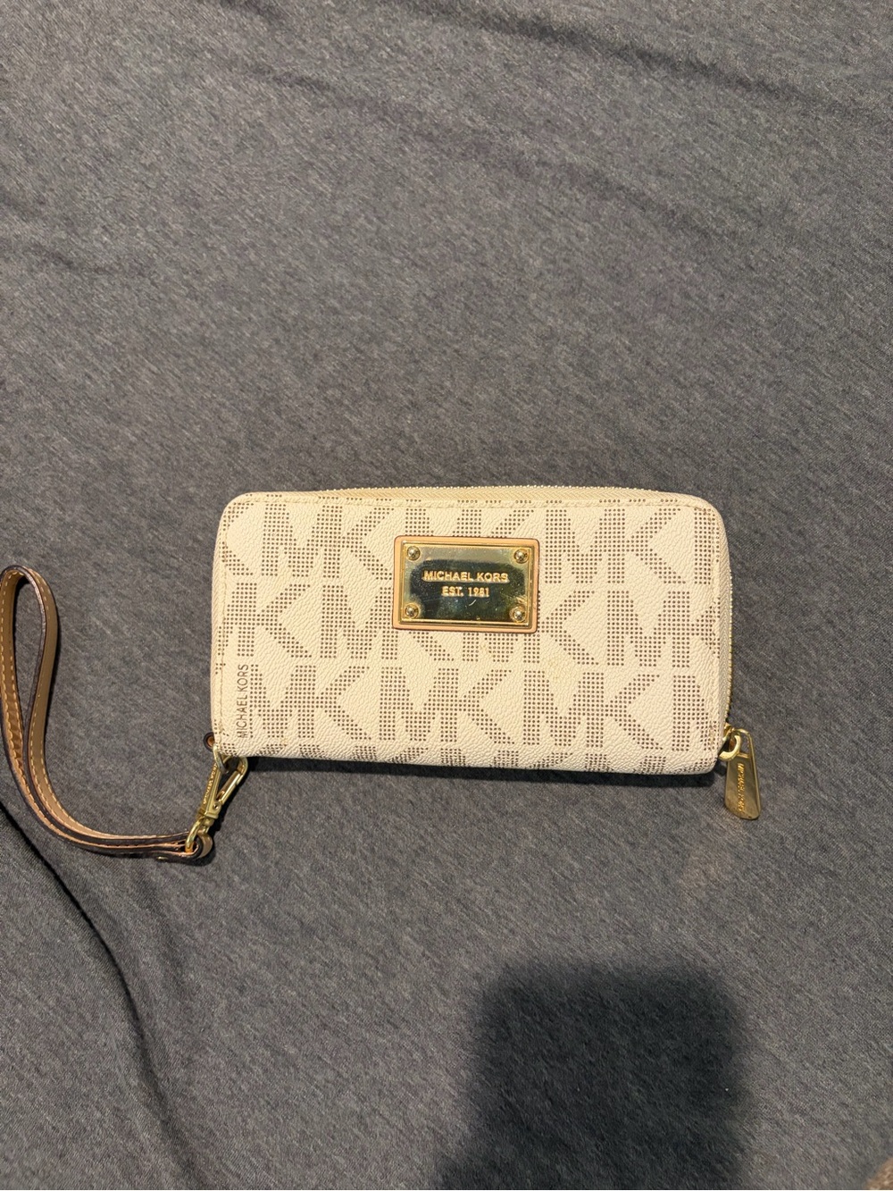 Michael Kors Cream MK Signature Zip Wristlet with Gold Plate